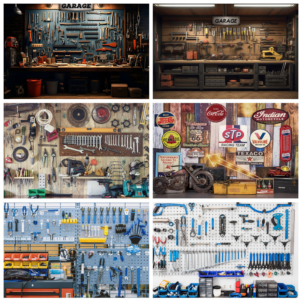 Workshop Tools Background - Tło fotograficzne w stylu vintage, garaż,